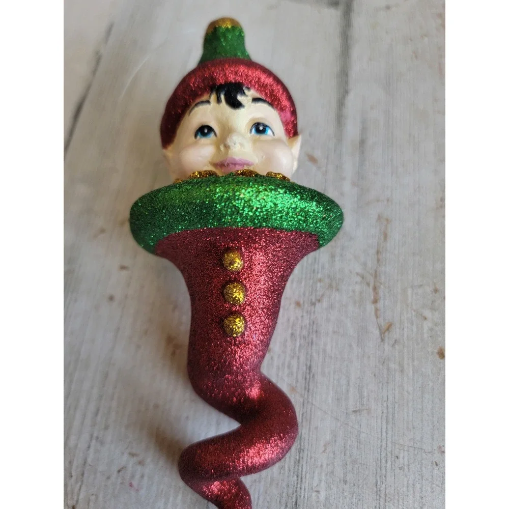 Vintage dept 56 glitter elf Santa helper twist abstract ornament Xmas cork